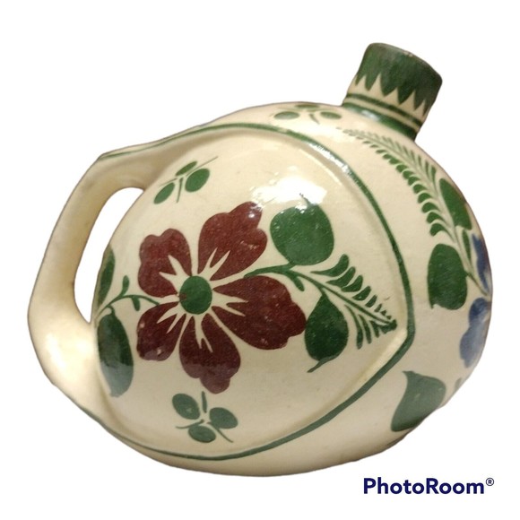 Hand Painted Oil Pitcher Floral Blue Green Made in Mexico Round-ish Shape - Picture 4 of 8